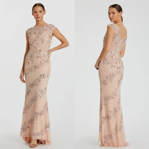 Mac Duggal 5500 Pink Floral Embellished Cap Sleeve Trumpet Gown 14 Wedding Party - Picture 1 of 15